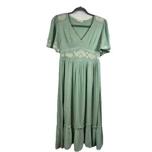 In Loom Sage Green Boho Cottagecore Midi Dress Embroidery Lace Small Smocked